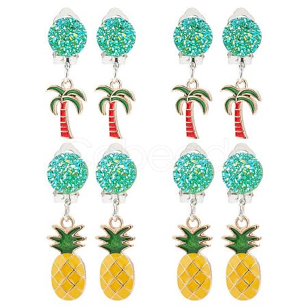 ARRICRAFT 4 Pairs 2 Style Coconut Tree & Pineapple Enamel Dangle Clip-on Earring EJEW-AR0001-08-1