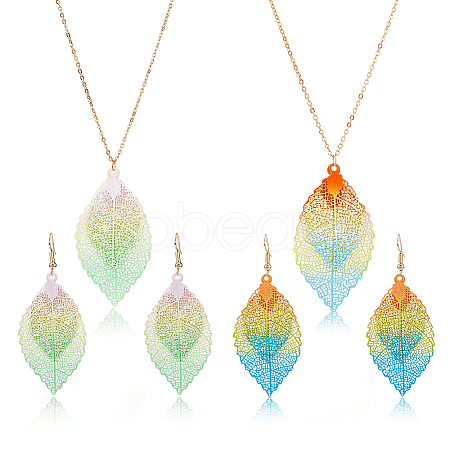 2 Sets 2 Colors Filigree Leaf Pendant Neclace & Dangle Earrings SJEW-FI0001-03-1