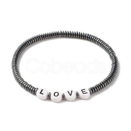 Synthetic Hematite Heishi Beaded Stretch Bracelet with Word Love BJEW-JB07570-1