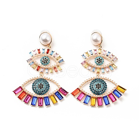 Rhinestone Double Evil Eye Dangle Stud Earrings with Acrylic Pearl Beaded EJEW-J045-03A-KCG-1