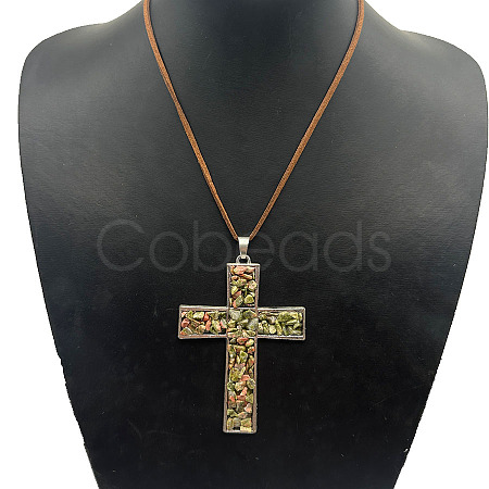Eco-friendly Zinc Alloy & Natural Chip Unakite Handmade Cross Pendant Cord Necklaces for Women Men RL5831-2-1