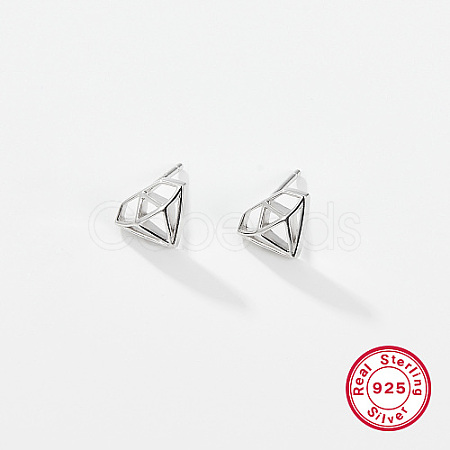 Anti-Tarnish Diamond Shaped Rhodium Plated 925 Sterling Silver Stud Earrings for Women CC0572-1-1