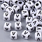 White Opaque Acrylic Beads, Horizontal Hole, Cube with Black Alphabet, Letter.V, 4~5x4~5x4~5mm, Hole: 1.8mm, about 208pcs/16g