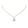 Cat with Flower Brass Pave Blue and Clear Cubic Zirconia Pendant 304 Stainless Steel Cable Chain Necklaces for Women NJEW-JN05715-1