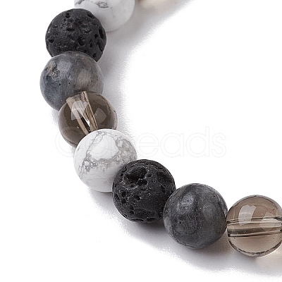 8.5mm Round Natural Larvikite & Howlite & Synthetic Smoky Quartz & Natural Lava Rock  Bead Stretch Bracelets for Women BJEW-JB10944-03-1