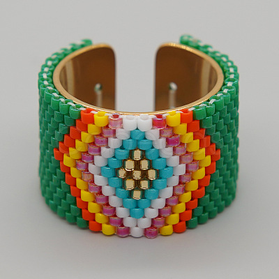 Adjustable Bohemian Style 304 Stainless Steel and Glass Seed Beads Cuff Rings FS-WG09053-22-1
