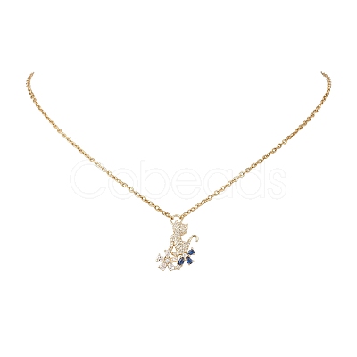 Cat with Flower Brass Pave Blue and Clear Cubic Zirconia Pendant 304 Stainless Steel Cable Chain Necklaces for Women NJEW-JN05715-1