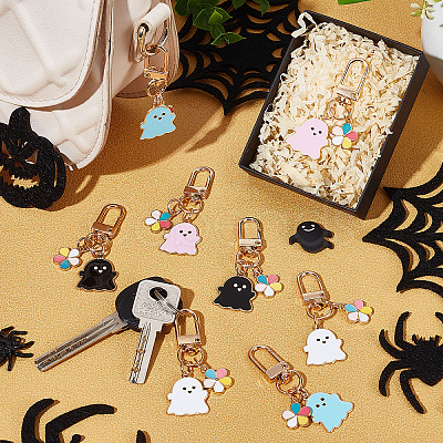 8Pcs 4 Colors Halloween Ghost Colorful Flower Alloy Enamel Pendant Decorations HJEW-CP0001-07-1