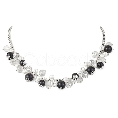 Round Glass Beaded Bib 304 Stainless Steel Rolo Chain Necklaces NJEW-JN05359-03-1