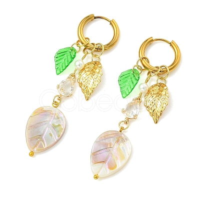 Leaf Natural Freshwater Shell & Teardrop Glass Dangle Earrings EJEW-JE07148-1
