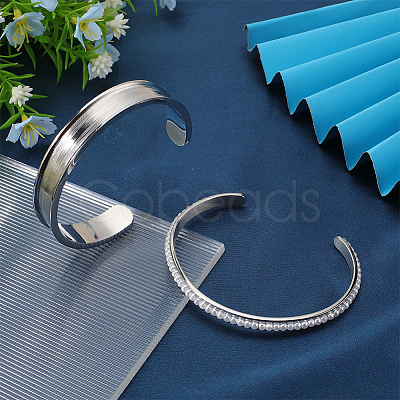 2Pcs 2 Styles C-Shaped 201 Stainless Steel Grooved Cuff Bangles STAS-SC0008-02-1