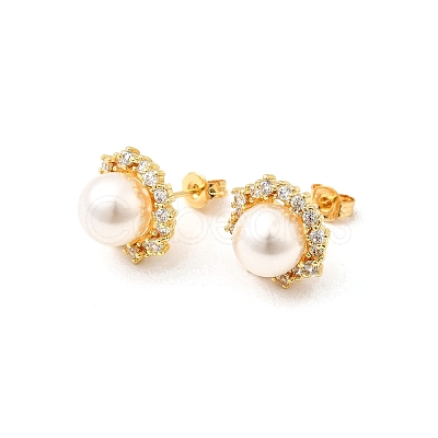 Round Brass Micro Pave Clear Cubic Zirconia Stud Earrings EJEW-C154-07G-1