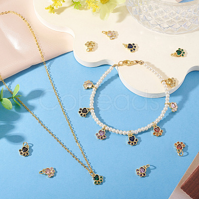 8Pcs 8 Colors Brass Pave Cubic Zirconia Paw Print Charms KK-TA0003-21-1