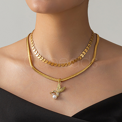 Vintage Brass Micro Pave Clear Cubic Zirconia Bird Pendant Double Layer Necklaces for Women IY2746-1