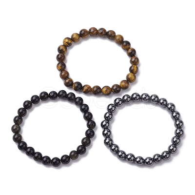 3Pcs 3 Styles Natural & Synthetic Mixed Gemstone Round Beaded Stretch Bracelets Set BJEW-JB10139-05-1