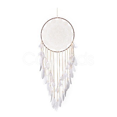 Handmade Round Cotton Woven Net/Web with Feather Wall Hanging Decoration HJEW-G015-02B-1