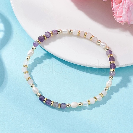 Natural Rose Quartz & Natural AmethystCube Beaded Stretch Bracelets for Women BJEW-JB13390-01-1