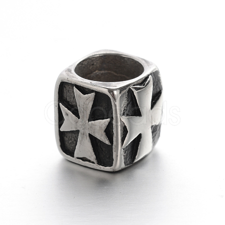 Retro Smooth 304 Stainless Steel Large Hole Cube Beads with Cross STAS-I031-28-1