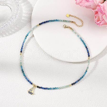 Gradient Color Brass Micro Pave Cubic Zirconia Sailboat Pendant Natural Apatite & Kyanite & Amazonite & Pearl Beaded Necklaces for Women NJEW-JN06242-1