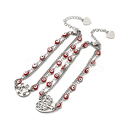 Red Enamel Evil Eye & 304 Stainless Steel Curb Chains Double Layer Multi-strand Bracelet with Charm for Women BJEW-C025-09P-1