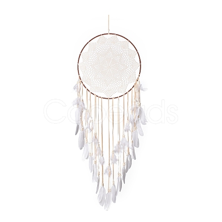 Handmade Round Cotton Woven Net/Web with Feather Wall Hanging Decoration HJEW-G015-02B-1