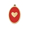 304 Stainless Steel Enamel Pendants, Oval with Heart Charms, Real 18K Gold Plated, Ion Plating(IP), Red, 18x11x1.4mm, Hole: 1.2mm