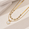 201 Stainless Steel Pave Natural Shell & Crystal Rhinestone Heart Pendant Double Layer Necklaces for Elegant Ladies' Date Party VQ9886-2