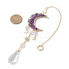 Natural Amethyst & Quartz Crystal Chip Pendant Decorations with Brass Moon & Cable Chain HJEW-JM01645-3