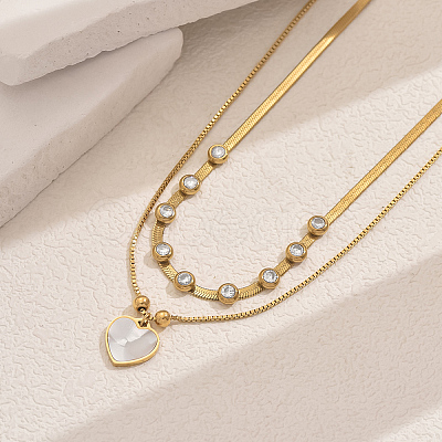 201 Stainless Steel Pave Natural Shell & Crystal Rhinestone Heart Pendant Double Layer Necklaces for Elegant Ladies' Date Party VQ9886-1