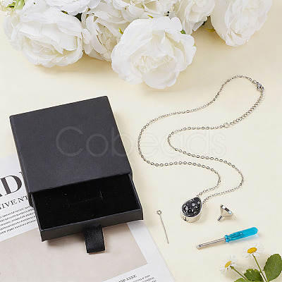 Natural Snowflake Obsidian Teardrop Urn Ashes Pendant 304 Stainless Steel Cable Chain Necklaces NJEW-OC0001-09A-1