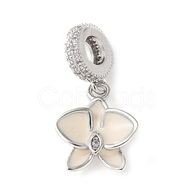 Brass Micro Pave Clear Cubic Zirconia Flower European Dangle Charms KK-C086-03P-01-1