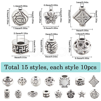 150Pcs 15 Styles Tibetan Style Alloy Beads FIND-SC0009-56-1