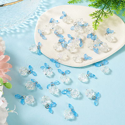 30Pcs Transparent Glass Flower Pendants with Deep Sky Blue Acrylic Leaf PALLOY-TAC0241-1