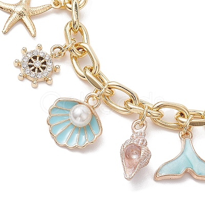 Summer Beach Starfish & Shell Shaped Alloy Enamel & ABS Plastic Imitation Pearl Charm Bracelets BJEW-JB10539-1