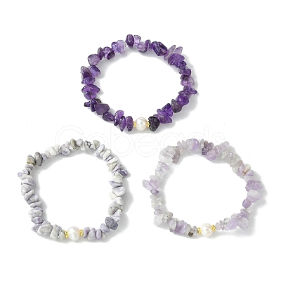 3Pcs 3 Styles Natural Mixed Gemstone Chip & Cultured Freshwater Pearl Beaded Stretch Bracelets Set for Women BJEW-JB13762-03-1