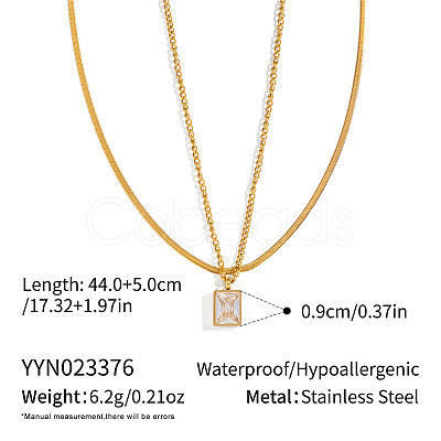 European Style Stainless Steel Pave Clear Cubic Zirconia Rectangle Pendant Snake Chain Double Layered Necklaces for Women ND1910-1
