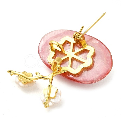 Oval & Peach Blossom Dyed Natural White Shell Brooches for Women JEWB-E031-01G-01-1