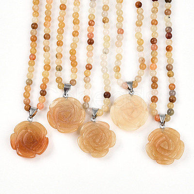 Natural Topaz Jade 4.5mm Round Beaded Flower Pendant Necklaces NJEW-T016-04N-1