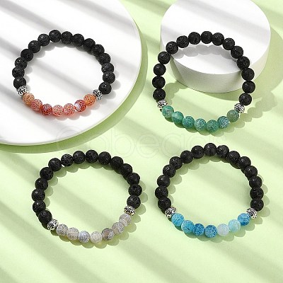 4Pcs 4 Color Natural Dyed Crackle Agate & Lava Rock Round Beaded Stretch Bracelets Set BJEW-TA00444-1
