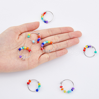 10Pcs 2 Style Rainbow Color Glass Beaded Rotating Open Cuff Rings Set RJEW-DC0001-15-1