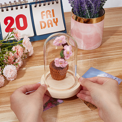 1 Set Glass Cloche Bell Jar Terrarium with 1Pc Handmade Knitting Crochet Artificial Plum Bossom Potted DJEW-WR0001-01C-1