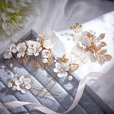 Wedding Bridal Alloy Rhinestone Hair Forks & Combs Set MRMJ-WH0012-27-1