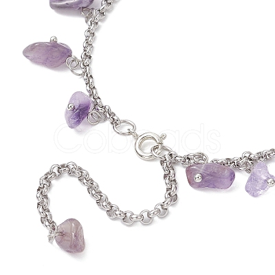 304 Stainless Steel Natural Amethyst Chips Charm Bracelets BJEW-JB12376-02-1