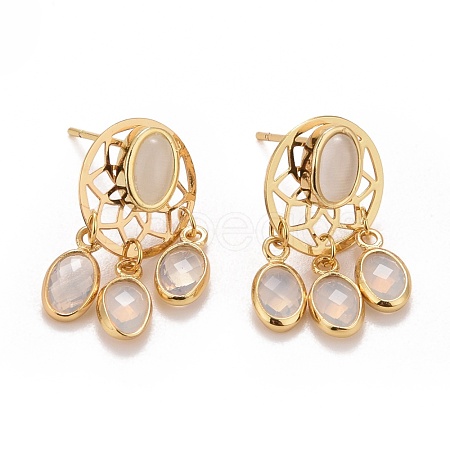 Rack Plating Brass Woven Net Dangle Stud Earrings with Oval Glass for Women EJEW-I265-09G-1