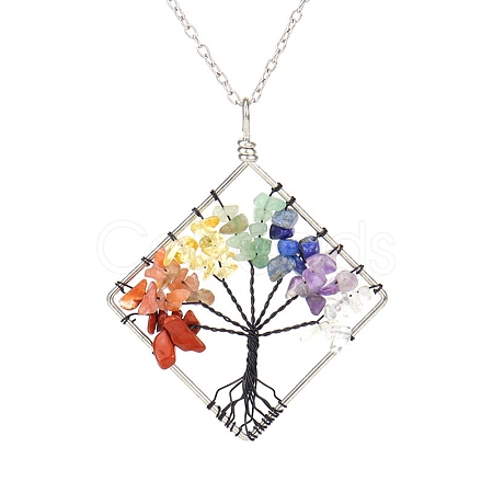 Natural Mixed Stone Chips Beaded Tree of Life Pendant Necklaces PW-WG77098-01-1