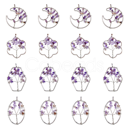 8Pcs 4 Styles Flower & Moon & Oval & Hexagon Natural Amethyst Copper Wire Wrapped Chip Big Pendants G-DC0001-26-1