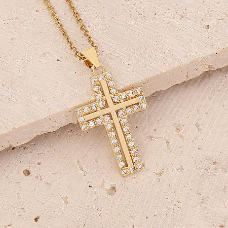 Brass Micro Pave Cubic Zirconia Cross Pendant Necklaces FS-WG7675B-08-1