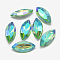 Pointed Back Glass Rhinestone Cabochons, Back Plated, Faceted, AB Color Plated, Horse Eye, Light Green, 15x7x4mm