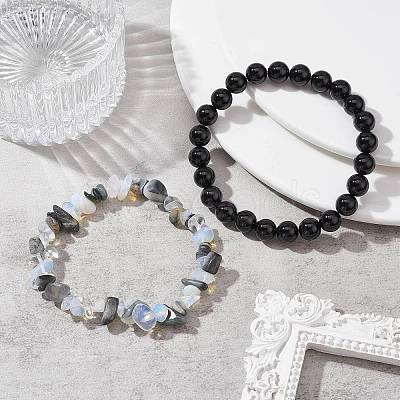 2Pcs 2 Style Opalite Chip & Natural Tiger Eye & Natural Black Onyx Beaded Stretch Bracelets Set BJEW-TA00411-1