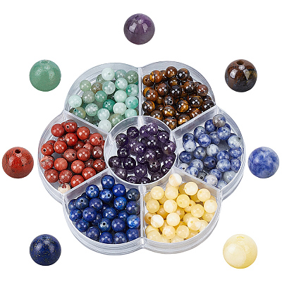 280Pcs 7 Styles Natural Amethyst & Lapis Lazuli & Blue Spot Jasper & Green Aventurine & Yellow Tiger Eye & Yellow Jade & Red Jasper Chakra Beads G-PA0001-93C-1